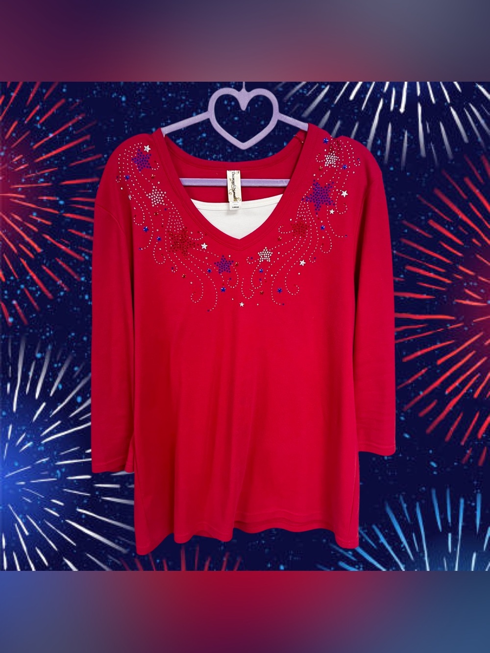 Vintage Decorated Originals red long sleeve top with bejeweled fireworks & stars